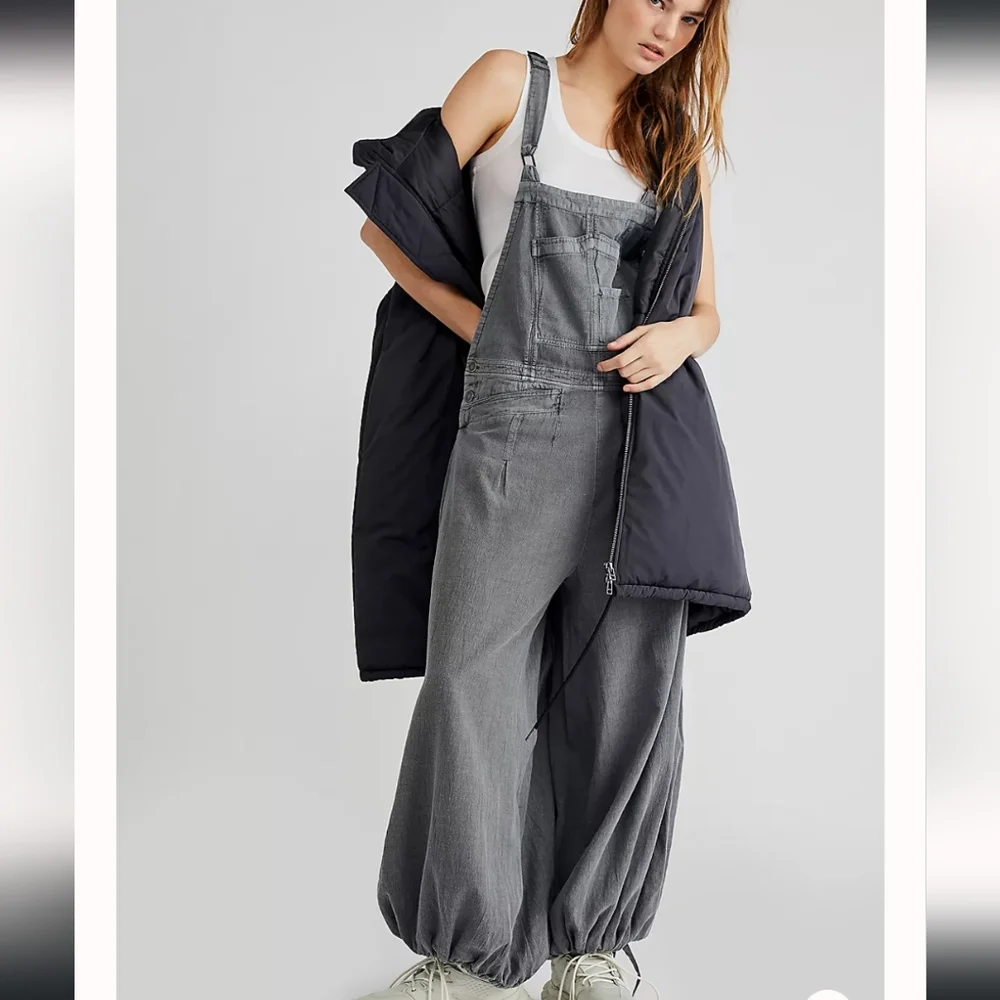 Free People Washed Gray Wide-Leg Denim Overalls. - Picture 1 of 10